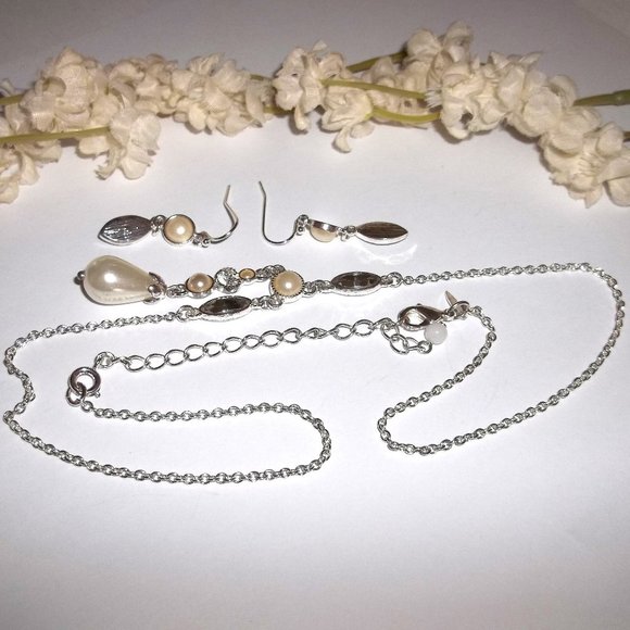SAQ Y Necklace and Earring Set Silver Faux Pearl Ivory Cream Beige Beaded C446 - Picture 4 of 6